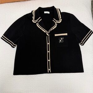 SANDRO! Black Short Sleeve Cardigan with Beige Trim